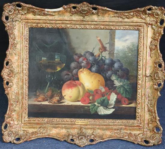 Edward Ladell (1821-1886) Still life with wine glass, grapes, a pear, peaches, raspberries and cobnuts 9.5 x 11.5in.